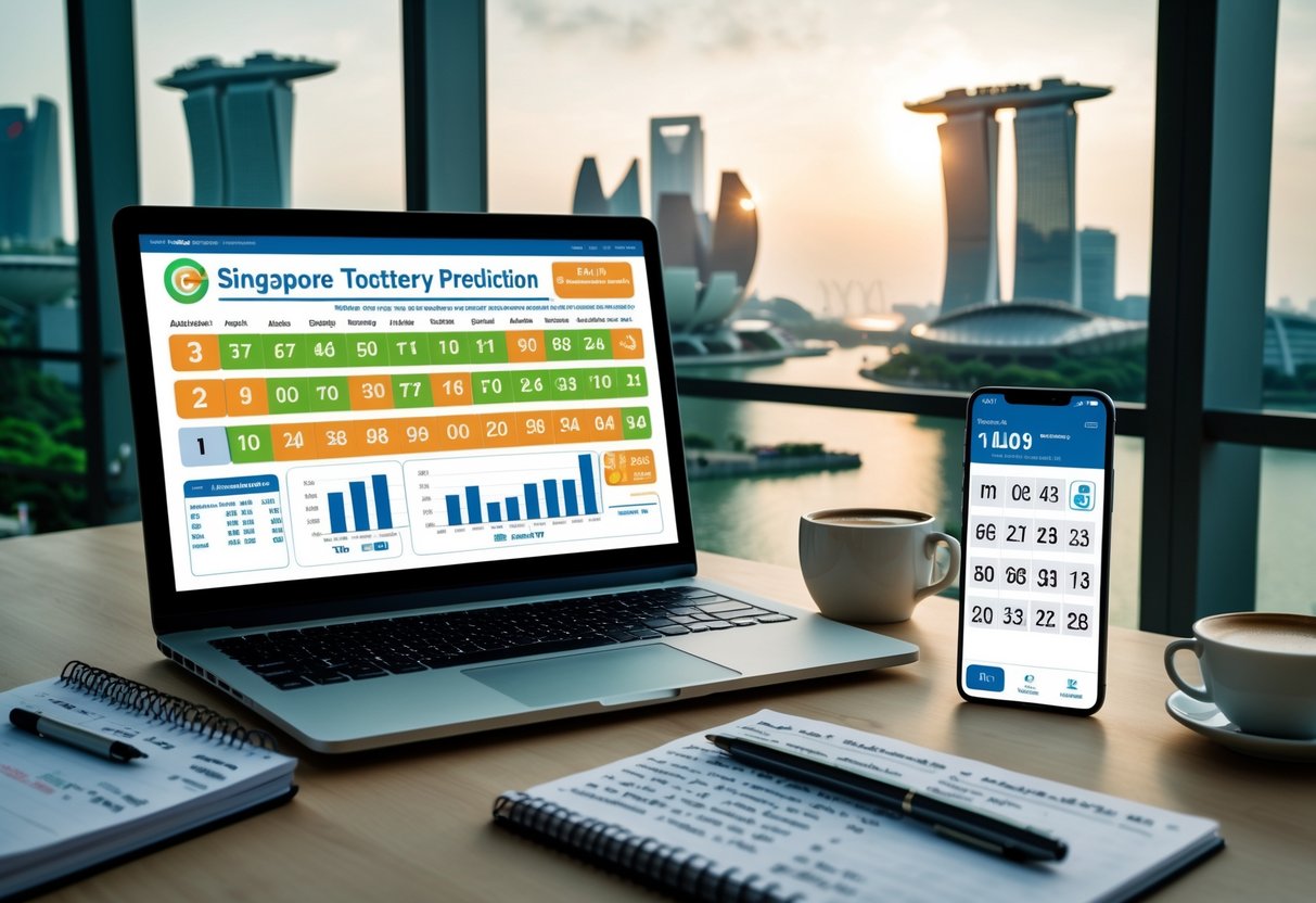 A modern workspace with a laptop showing lottery statistics, a smartphone with a digital lottery ticket, a notebook with notes, and a city skyline of Singapore in the background.