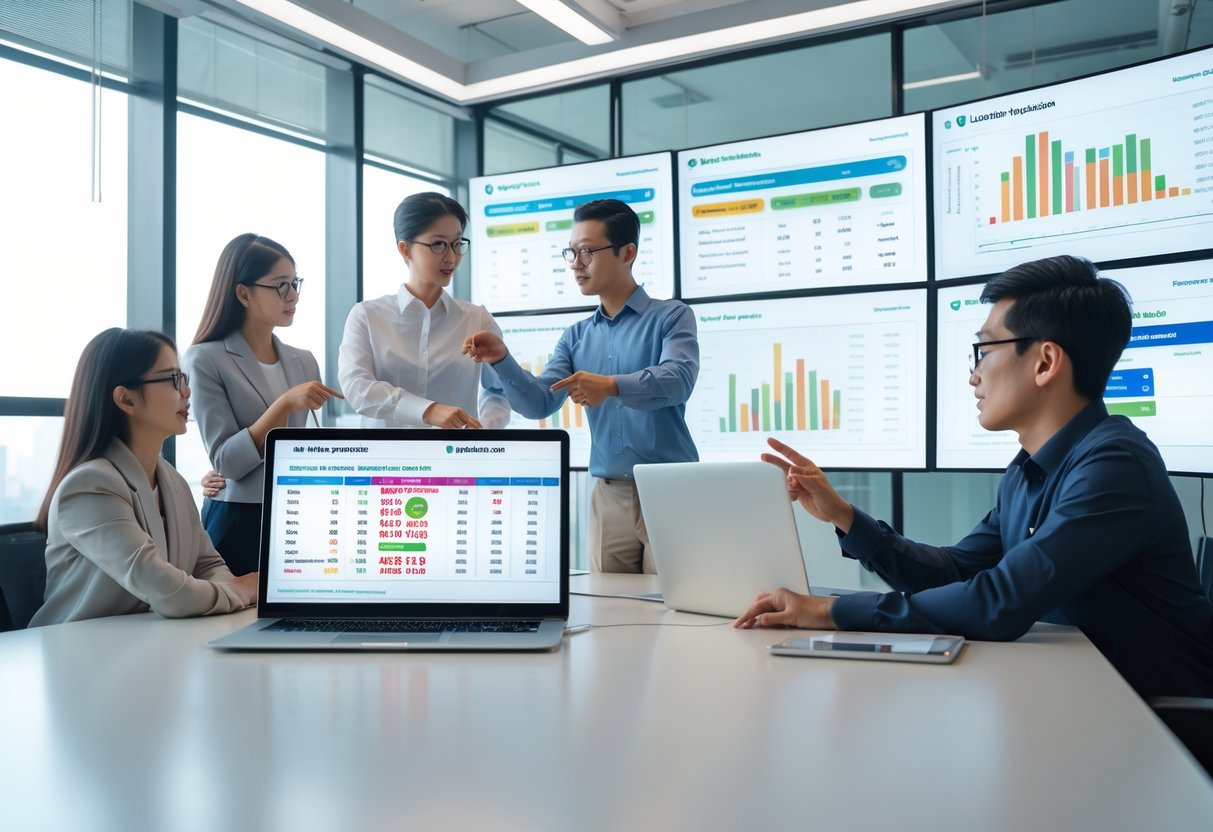People in an office analyzing lottery data on digital screens and laptops.