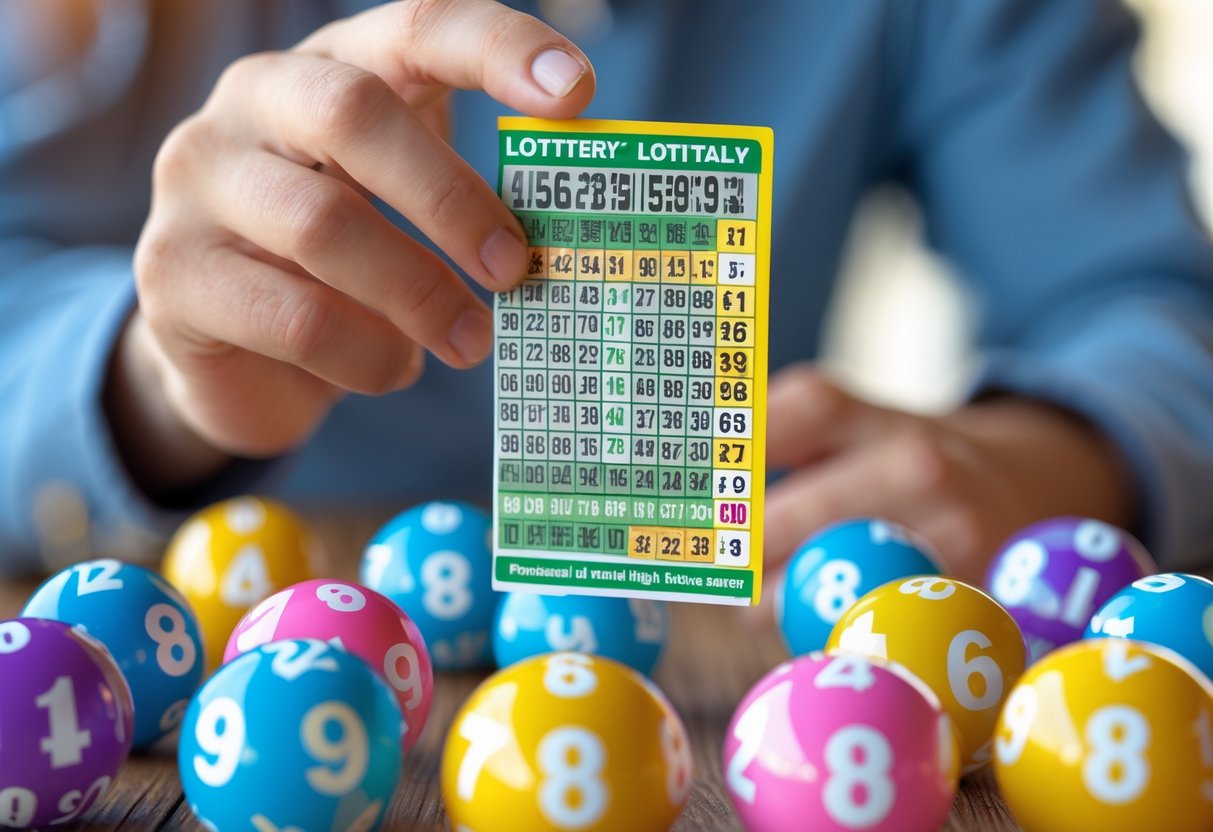 A hand holding a lottery ticket surrounded by colorful numbered lottery balls on a wooden table.