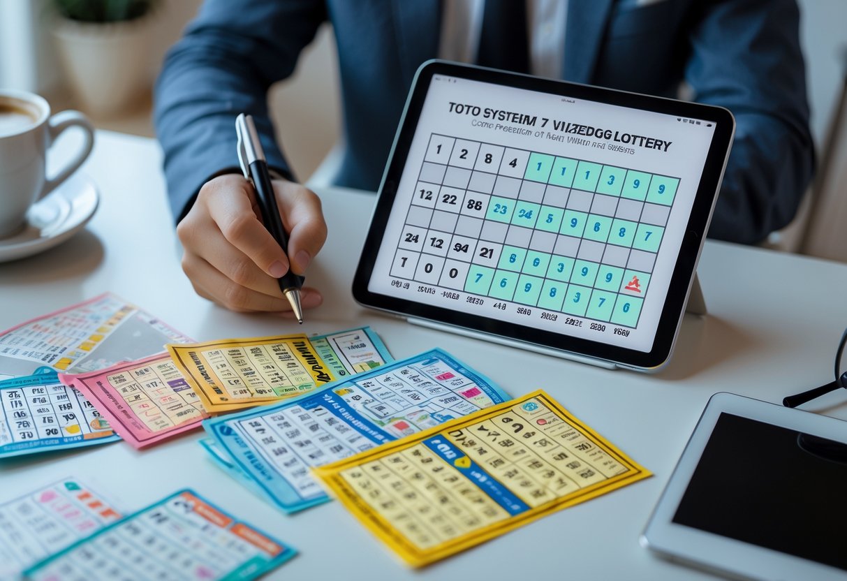 A person checking lottery tickets and a tablet displaying highlighted numbers on a desk with a pen, coffee cup, and glasses.