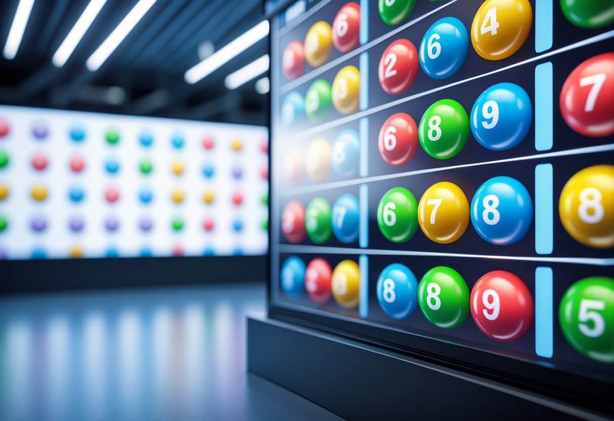 A digital display showing colorful numbered balls representing live lottery results in a modern setting.