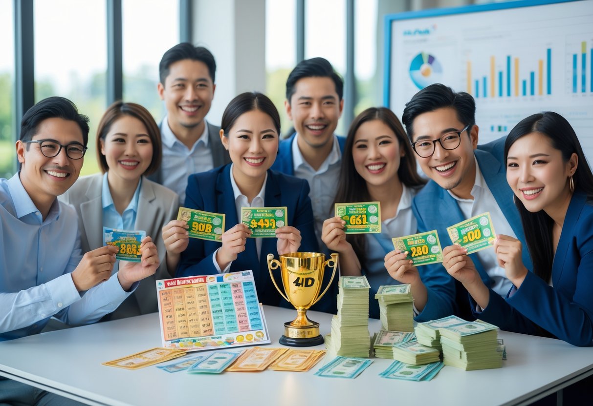 A group of people smiling and celebrating while holding lottery tickets and cash prizes around a table in a bright office.