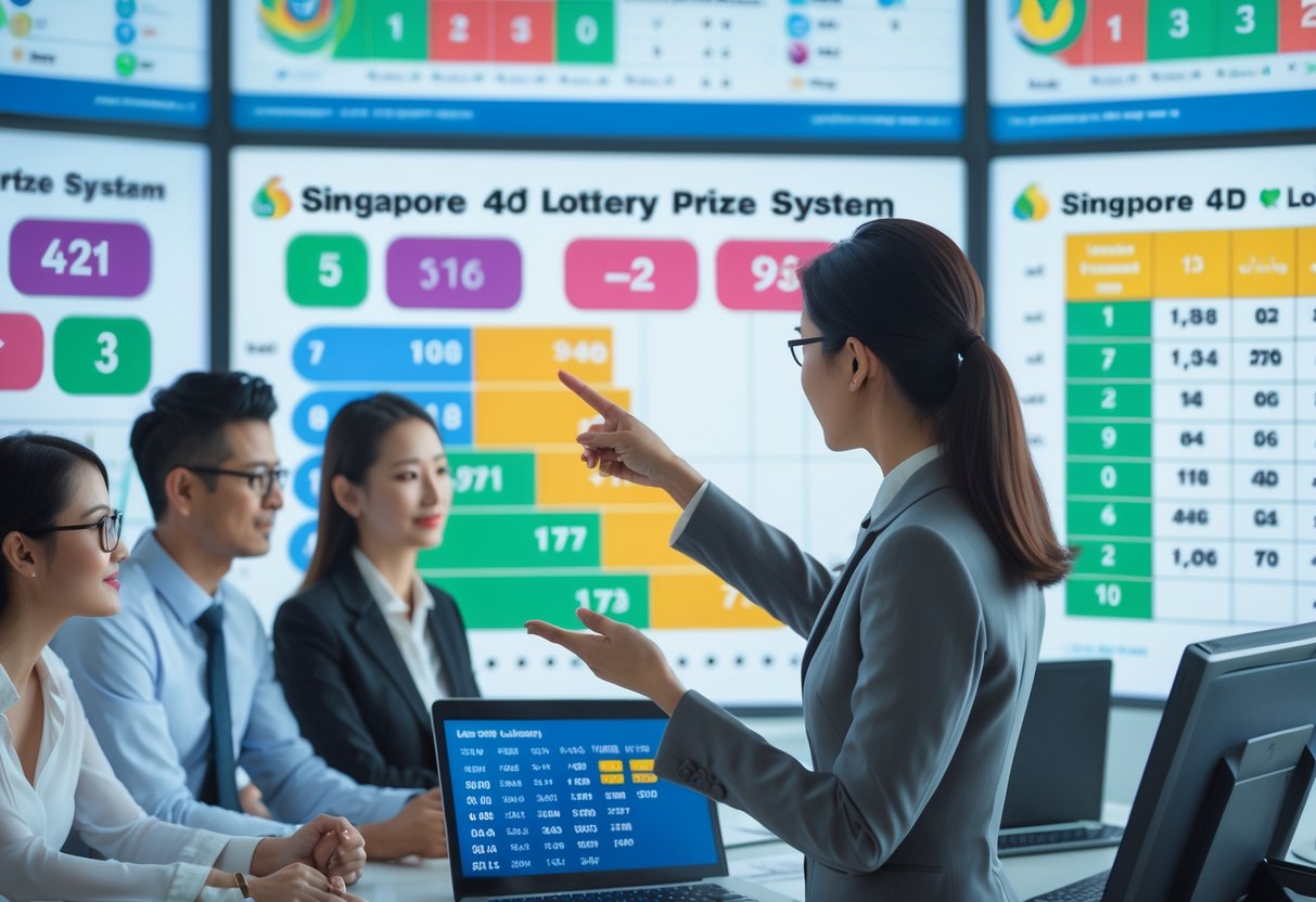 Business professionals in an office analyzing charts and data related to a lottery prize system.